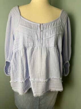 True Craft Gauze Boho Blouse Soft Neutral Flowy Peasant Top Size 2XL, Light blue